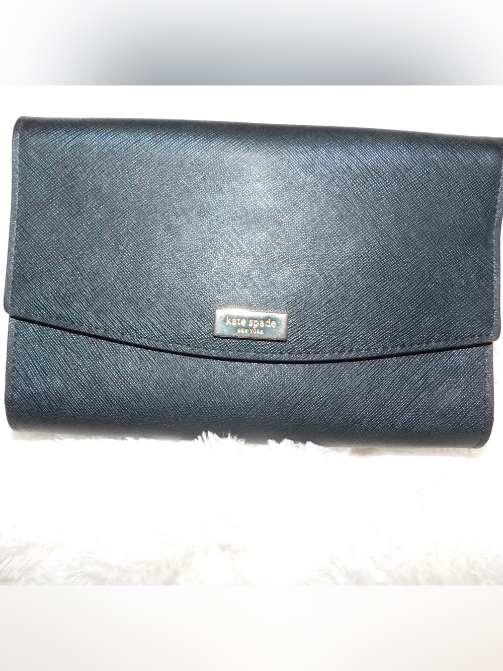 kate spade navy saffiano leather clutch with gold logo plaque
